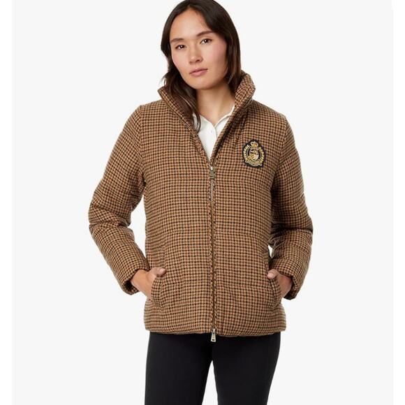 LAUREN RALPH LAUREN Womens Houndstooth Crest-Patch Puffer Coat Large Tan NWOT